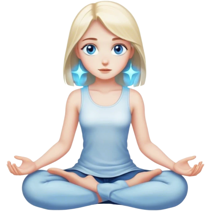 Cinematic girl with large sparkling blue eyes sitting cross legged, Ultra realistic 32k HD, hauntingly beautiful, Balanced features, highly detailed, glowing, high shine, enchanting, ghostly, dreamy glow, complex pose. The image is so lifelike it could leap off the canvas at any moment emoji