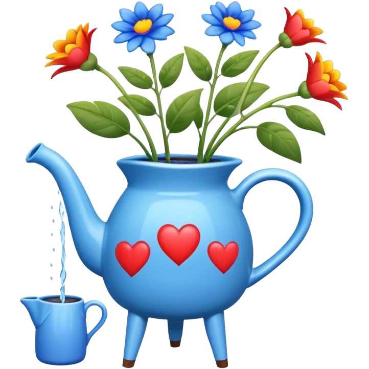i want a watering jug with legs watering 3 plans in increasing height with hearts in the flowers emoji