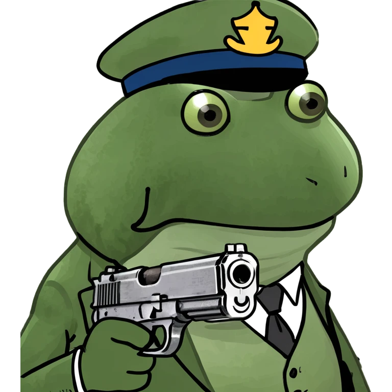 mob boss Italian frog, holding a tommy gun, with a sly grin emoji
