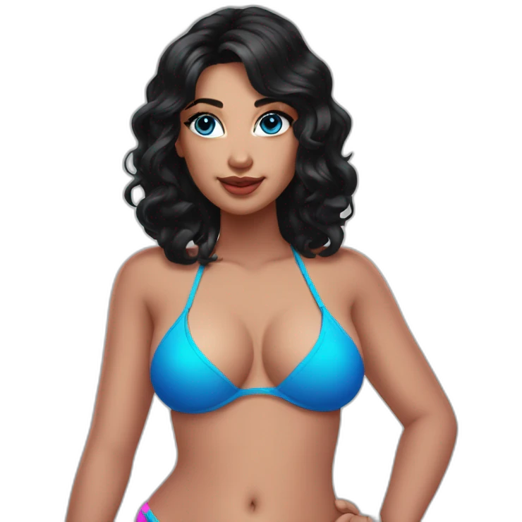 curvy girl in bikini blue eyes black hair pink nails  emoji