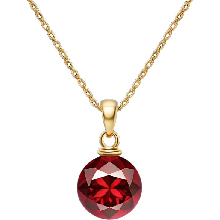A polished round ball red garnet pendant suspended from a delicate gold chain, like a drop of enchanted starlight, glowing with the warmth of passion and the quiet power of transformation emoji