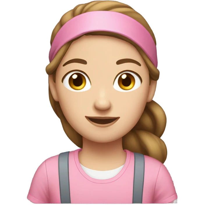 A white woman with brown hair in pony tail wearing pink headband, pink t shirt and overalls  emoji