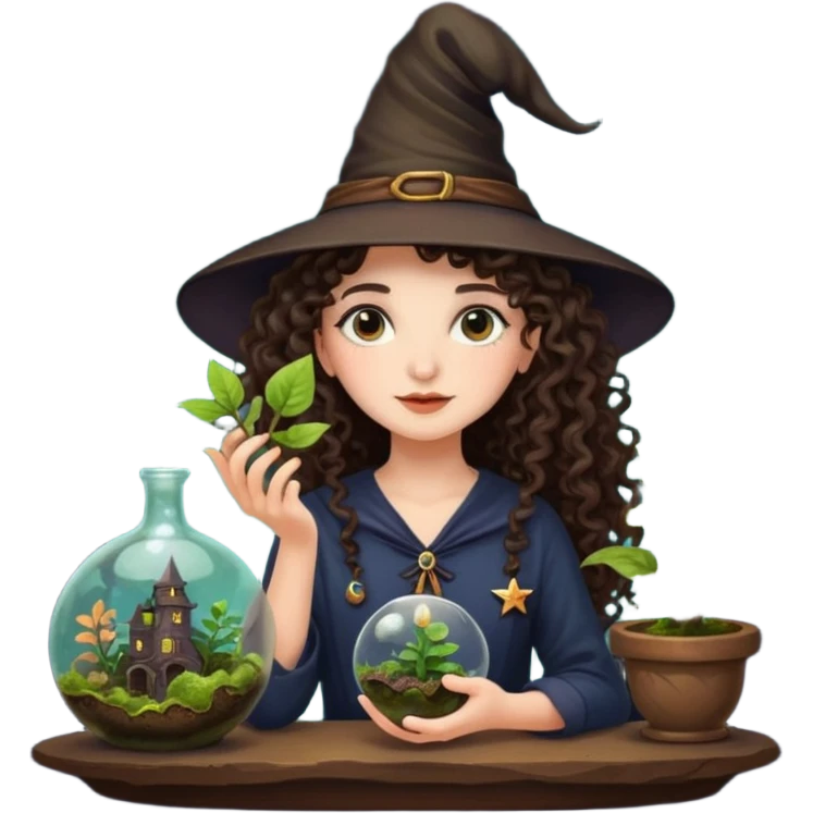 A long curly haired brunette girl with a moon, witch hat, holding a plant terrarium emoji