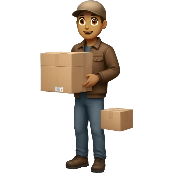 Delivery boy, full body, light skin tone, wearing brown cap and brown jacket, UPS delivery company uniform loading a package without background emoji