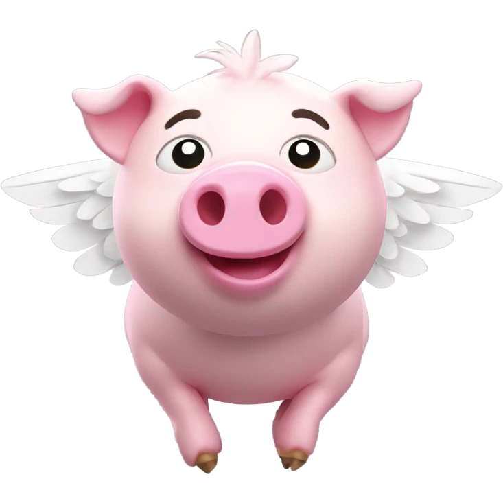 Emoji of a flying pig. Pink body with round belly. Large, exaggerated white wings. Soft feather details. Cute. Enlarged head in cartoon style. Head turned towards viewer. 3d lighting. No cast shadows  emoji