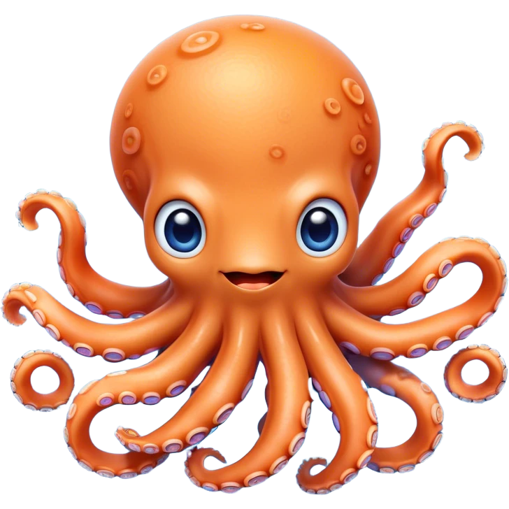 Cinematic Cute Octopus Portrait Emoji, Head tilted playfully and inquisitively, featuring a rounded, light orange body embellished with playful blue rings, eight adorably curling arms, and big, twinkling eyes full of wonder, Simplified yet irresistibly adorable features, highly detailed, glowing with a warm, inviting underwater glow, high shine, affectionate and lively, stylized with a touch of whimsical cartoon charm, soft glowing outline, capturing the essence of a mischievous yet loving octopus that seems as if it could bob out of the screen into your arms! emoji