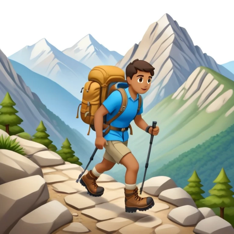 person hiking down one mountain and up another mountain emoji