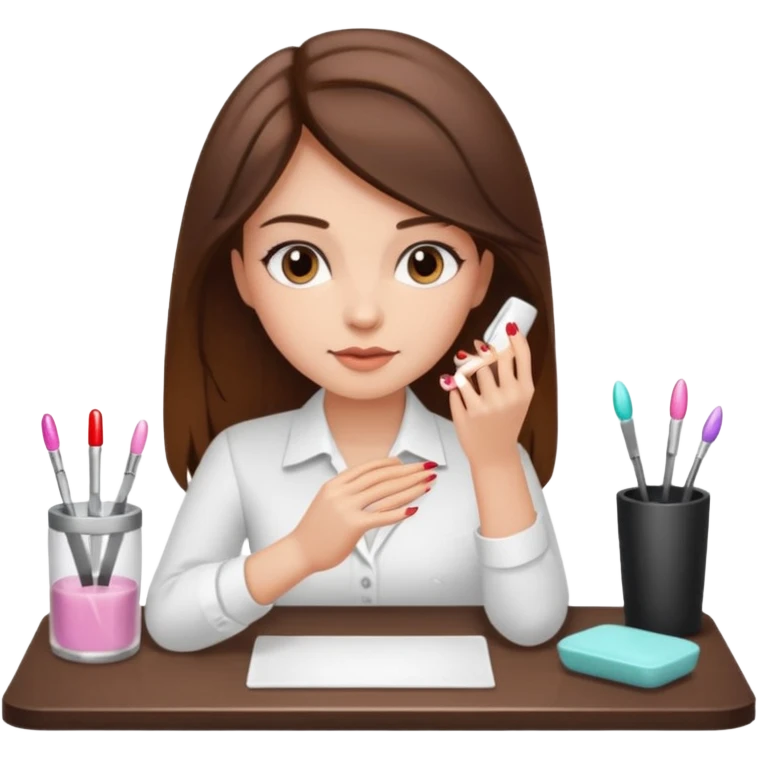 A realistic illustration of a girl with medium-length thick brown hair sitting at a manicure table.
 emoji