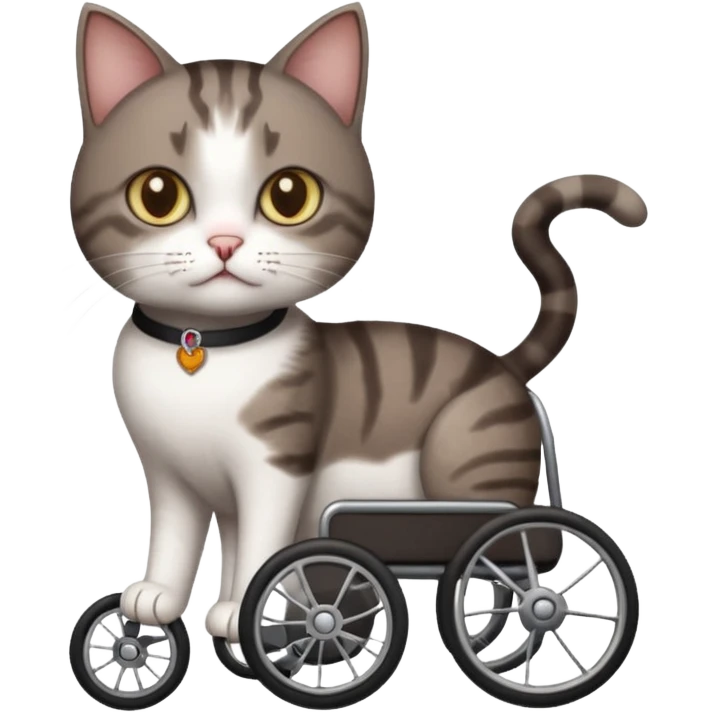 full body small short hair dark brown and white cat with hazel eyes walking in a wheelchair for cats emoji