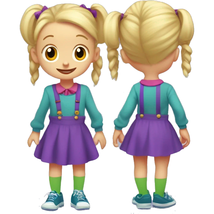 A little blonde girl with pigtails and little purple bows wearing a red long-sleeved shirt and purple overalls skirt with blue tights with green polka dots and purple sneakers, full body, rugrats emoji