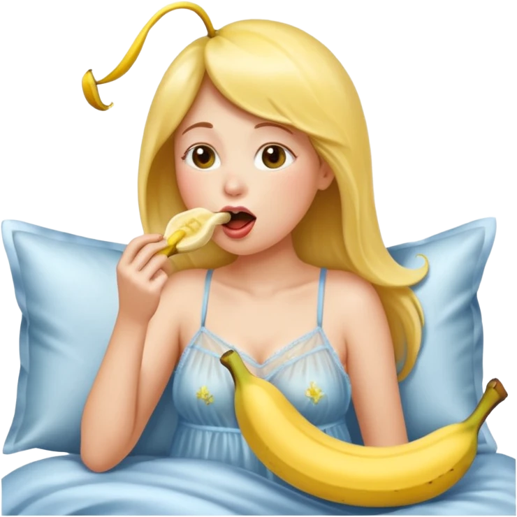 Frau in durchsichtigem Nachthemd leckt an einer ganzen Banane im bett und hat schpeicheltropfen am Mundwinkel emoji