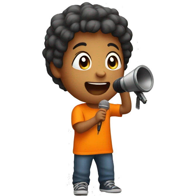 child in orange clothes singing in mocrophone emoji