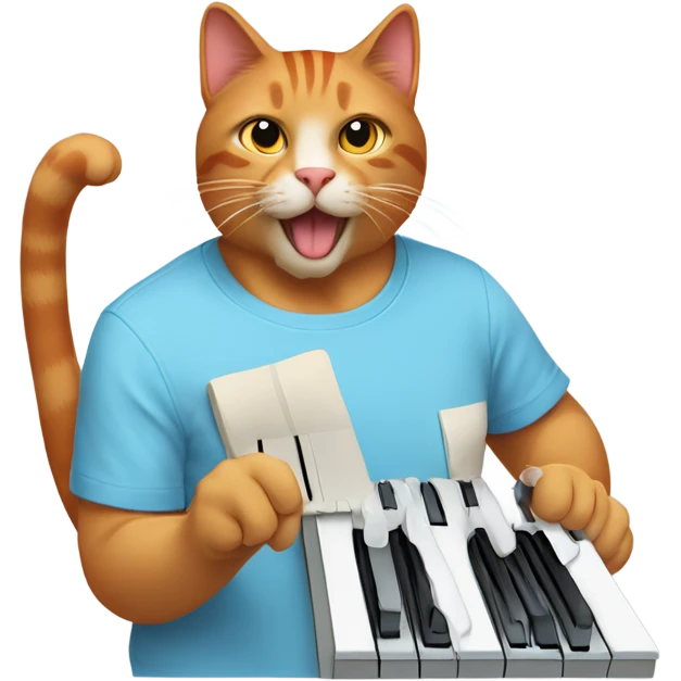 tan-red cat wearing a light-blue t-shirt taps musical keyboard emoji