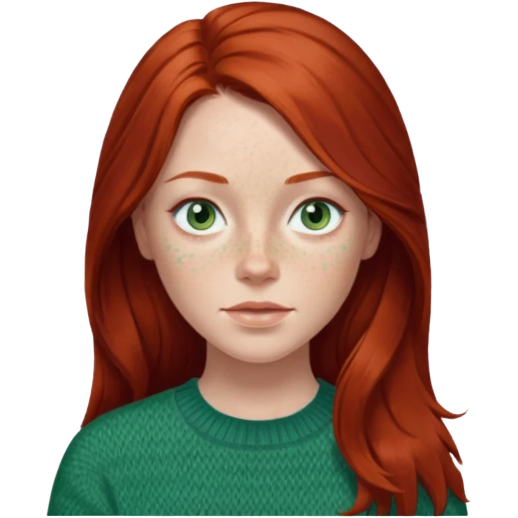 woman with long dark auburn red hair that is mostly straight but has slight waves to it. grey blue eyes. some freckles. wearing a Swedish style sweater that is green.  emoji