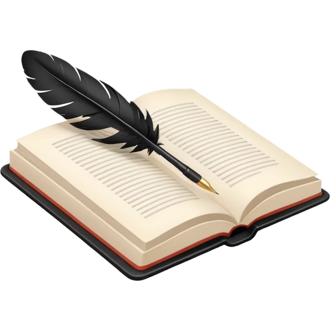 Minimalistic flat vector icon, iOS style, thin black contour on white background. Open book with a feather pen. Clean, no text, no shadows. emoji