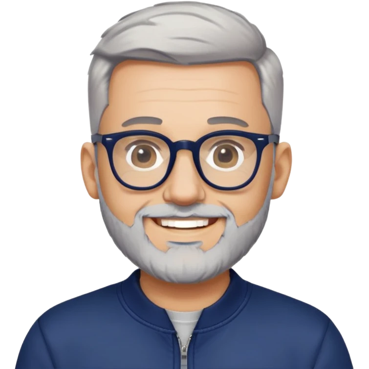 Man with light skin, high fade haircut (extremely short gradient from sides to top), short peppered gray beard, large black-framed glasses, smiling face, navy blue zip-front sweatshirt with long sleeves emoji