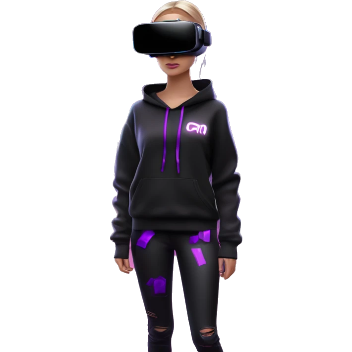 Russian girl wearing black hoody with violet letters "OMG", in vr headset oculus quest2. Standing like jedi. Cyberpunk style. Violet neon. emoji