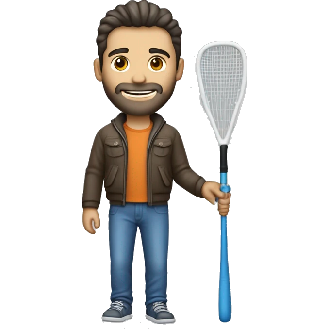 crear un hombre de tes blanca sin barba, con campera deportiva azul con una raqueta en su mano emoji