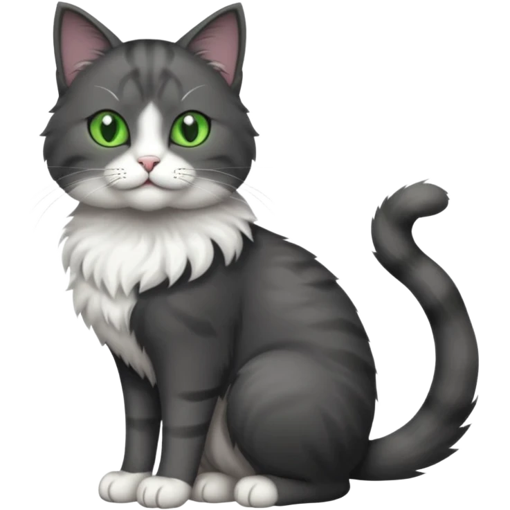 full body view of beautiful female solid dark grey cat with green eyes, white toes and white patch on chest emoji