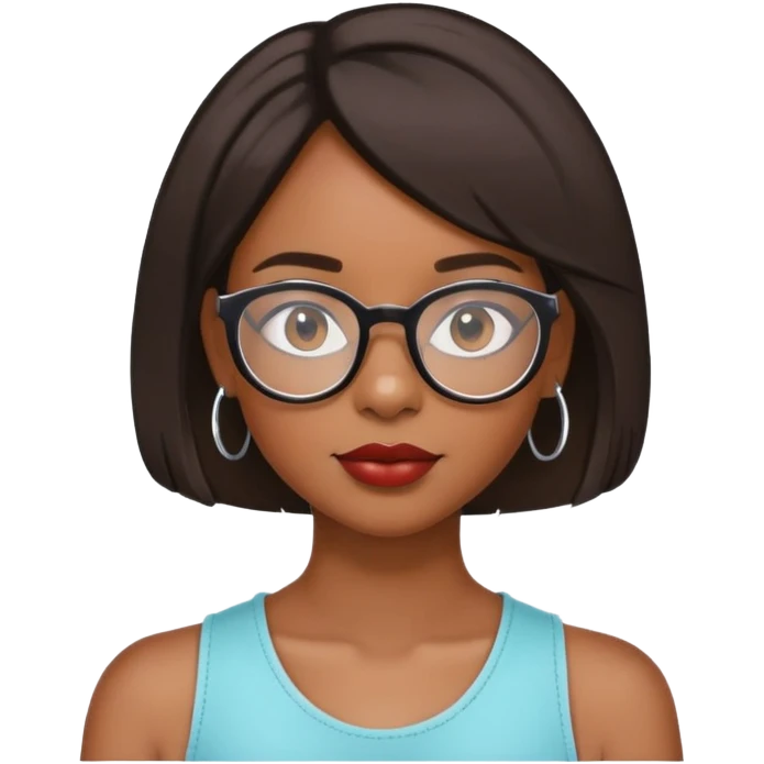 Black girl with shoulder length bob with layers. She wears glasses and has on small hoop earrings and lipgloss emoji