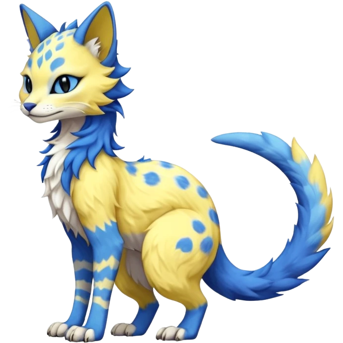 Kawaii yellow and blue beautiful pretty elegant divine edgy fantasy feline-vernid-sergal-fursona animal creature with a tufted tail full body with intricate markings  emoji