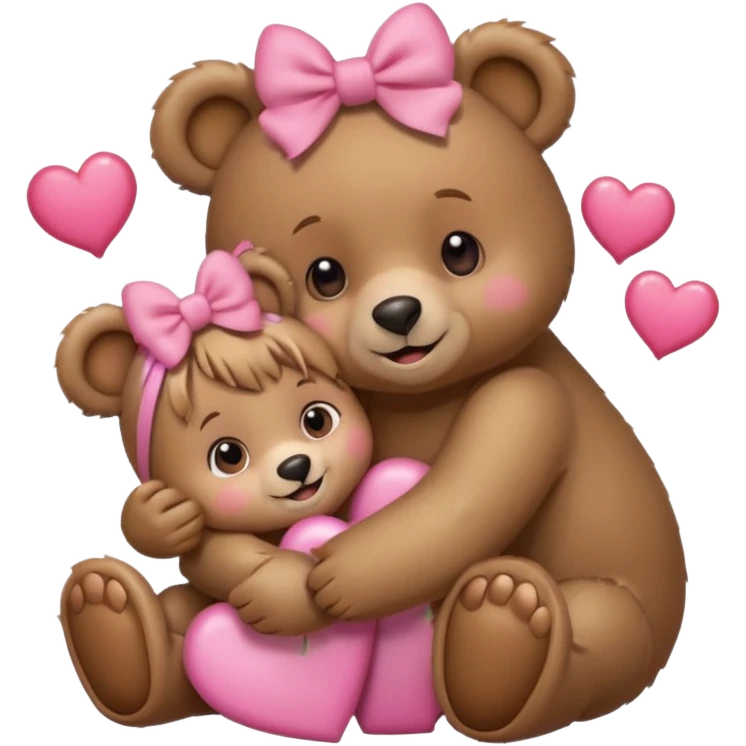 girl bear with bow on her head and boy bear hugging, couple, surrounded by hearts, playful and loving, cute emoji