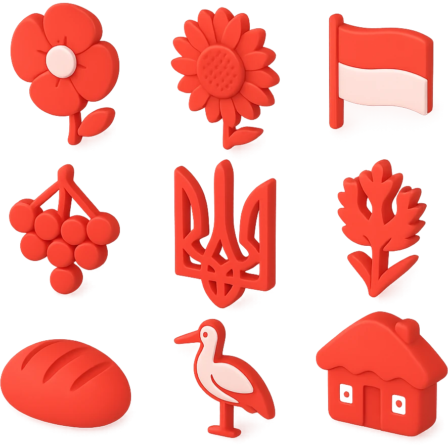 3D illustrative icon set: red poppy, sunflower, Ukrainian flag, trident, red viburnum, cornflower, bread, stork, Ukrainian house. Grid 2x3, organic spacing, transparent background, painted style. emoji