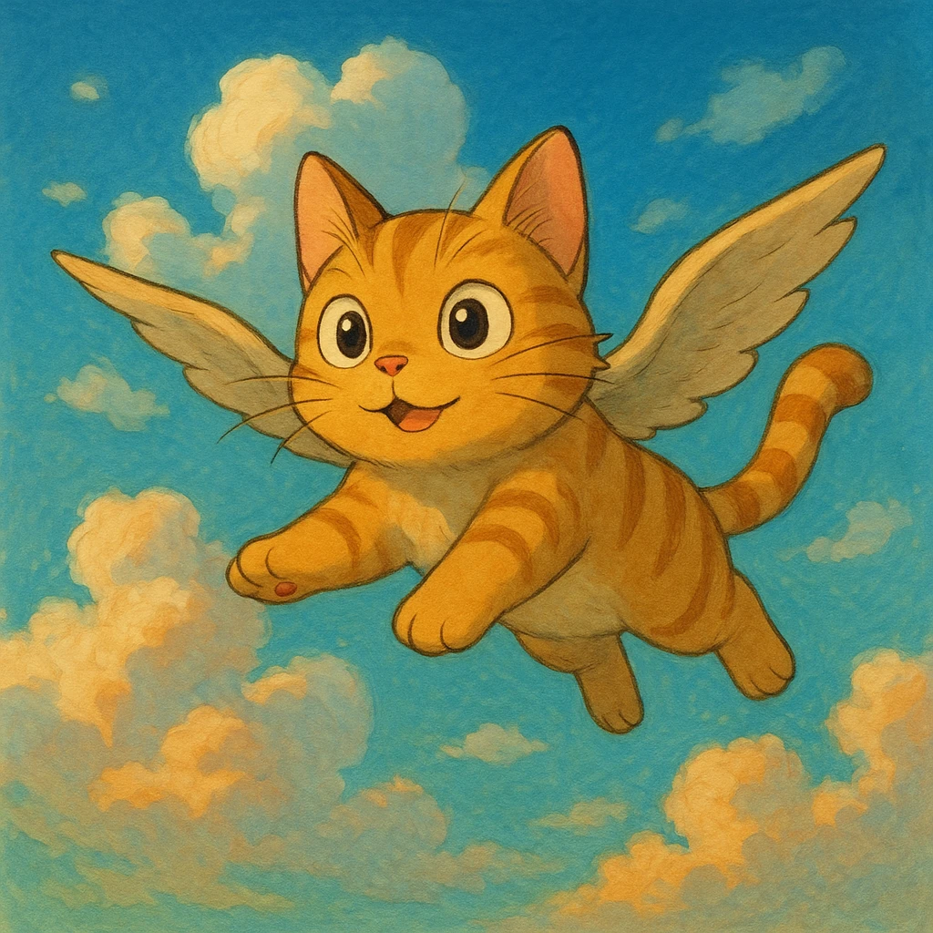 flying cat with expressive eyes in a dreamy sky background in ghibli style emoji