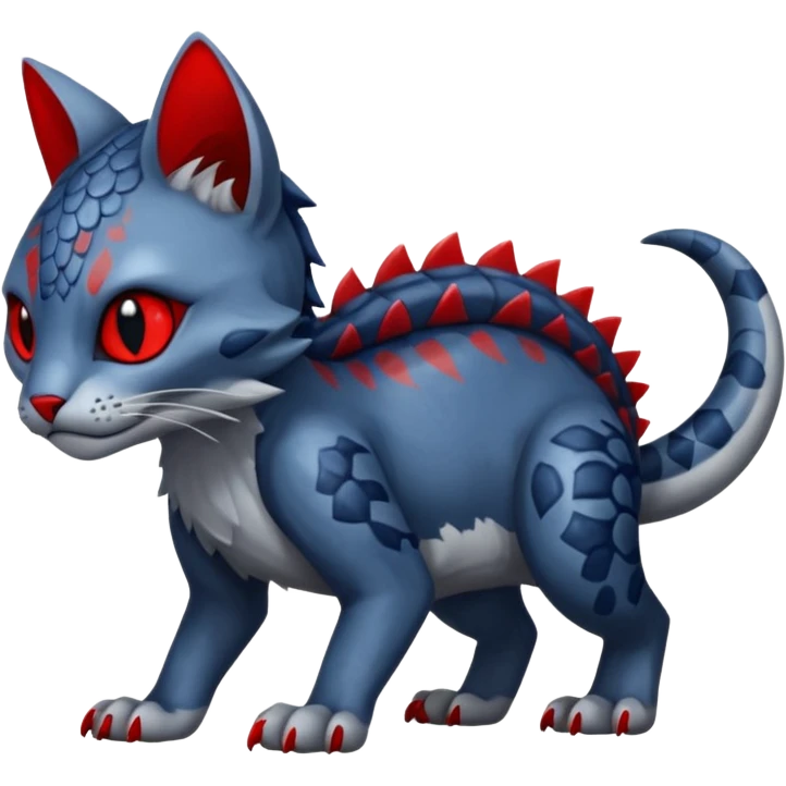 midnight blue-gray-black, with red markings, white belly, scaley scaly batty feline-like quadrupedal digitigrade cute cool handsome badass realistic feral Bastet-Noibat-Gatomon-Garchomp-Digimon-Fakémon-Pokémon-creature (full body) emoji