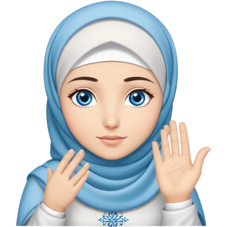 Turkish beautiful finish Konya girl blue eyes with cloudy hijab dress islamic dress and had on her hand text Eid Mubarak  emoji