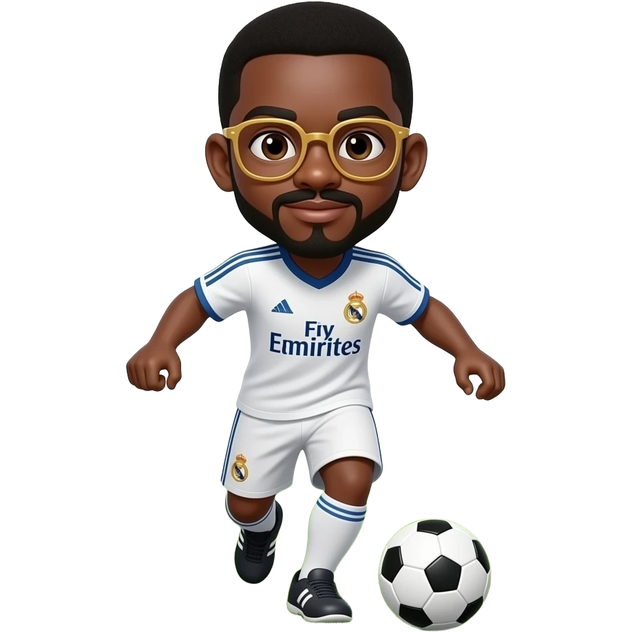 black boy with black and gold glasses playing soccer with a madrid jersey and a little mustache and a goatee emoji