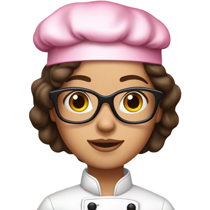 brunette girl with black glasses and a pink chef outfit emoji