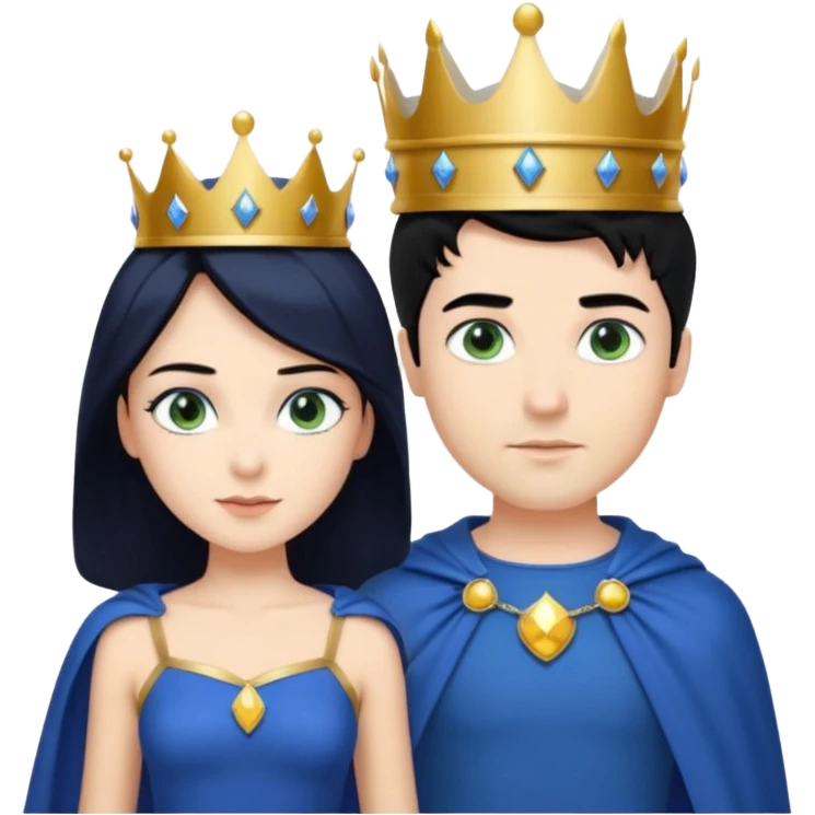 Prince with crown, blue cape and trousers, body and legs, black hair, blue eyes, woman blonde hair, green eyes, sexy white short sleveless dress,  emoji