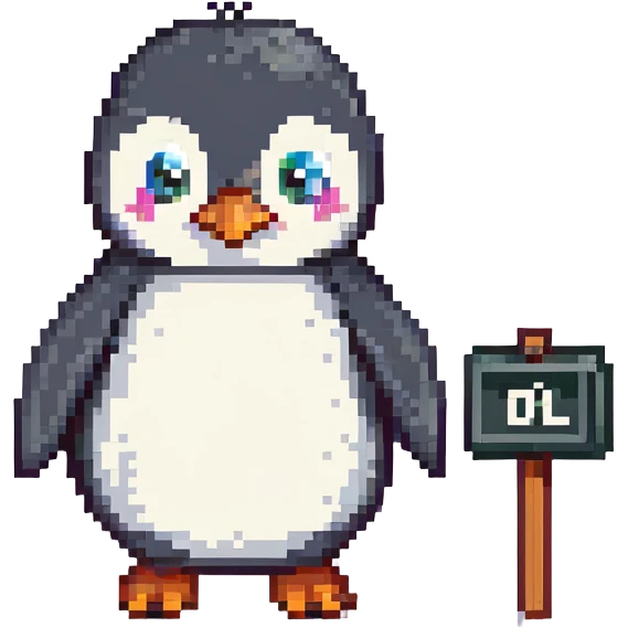 pixel art penguin holding a sign that says 'Abone ol' in Turkish, cute and inviting expression emoji