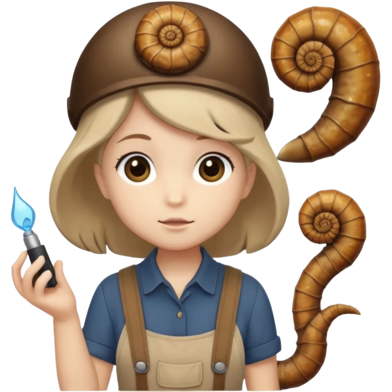 Shelly has a small, chibi-style body with a large ammonite-shaped head that looks like a beige fossil shell. One side of her head has a dark opening, making it clear she isn’t human. Her face is simple and soft, with big round eyes. She wears a brown suspender outfit over a lighter shirt emoji