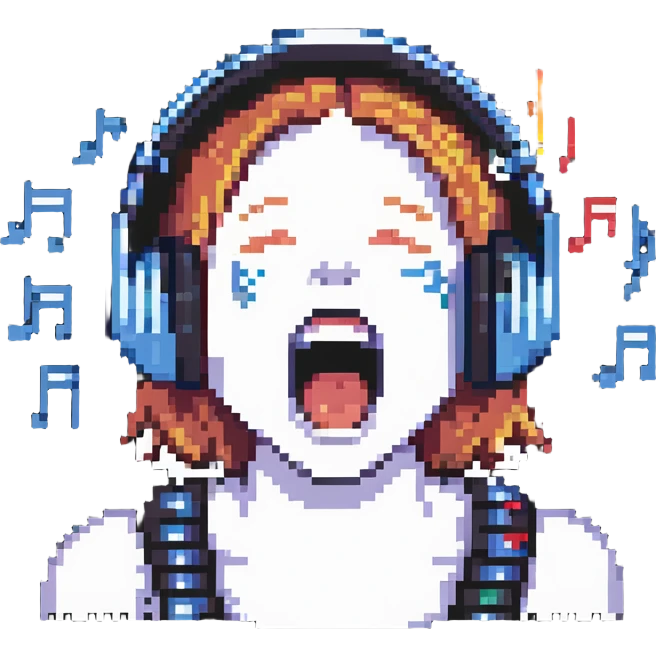 audio fan on the verge of emotional collapse, wearing headphones, open mouth screaming with happiness, surrounded by musical notes, pixel art style emoji