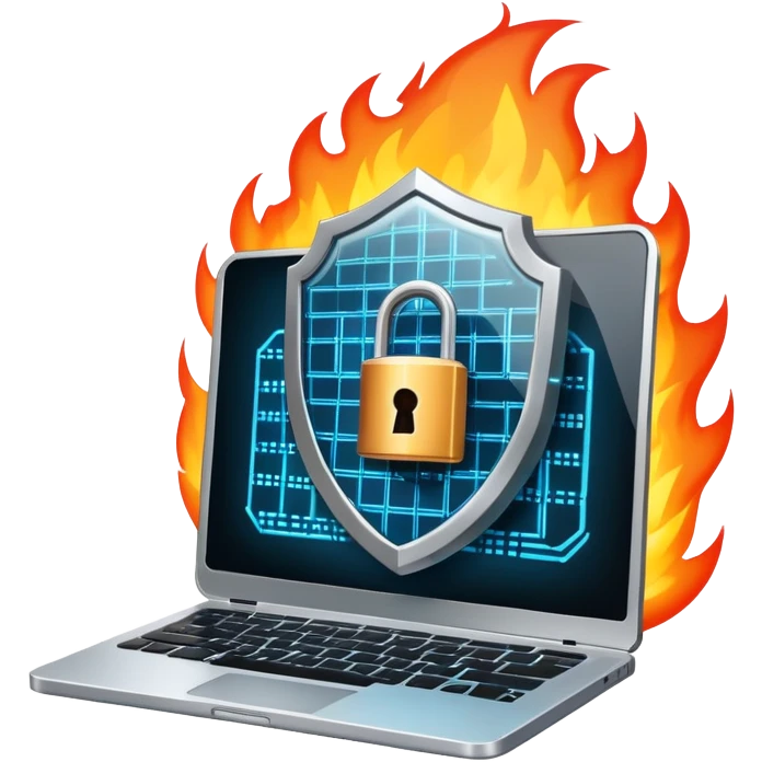 An icon featuring a digital shield with a lock, binary code, and a glowing firewall grid, symbolizing cybersecurity. The design includes a laptop, warning icons, and secure network nodes, representing protection against cyber threats. Transparent background highlights digital safety and defense. emoji