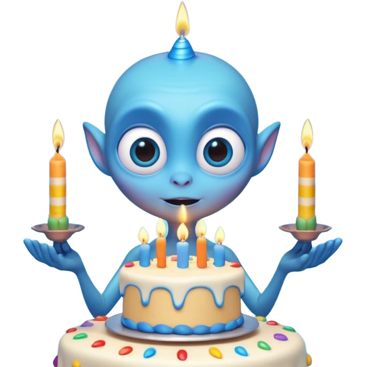 A cute friendly alien holding a birthday cake with candles, big expressive eyes, bright colors, cartoon style, playful atmosphere, 3D animated look, Pixar-inspired, highly detailed
 emoji