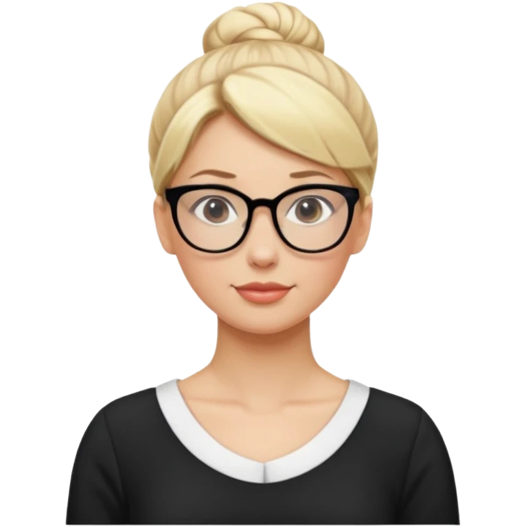 Blonde Women with Bun, Office Woman – tight blonde high bun, glasses, white blouse, confident look, dress, big breasts emoji