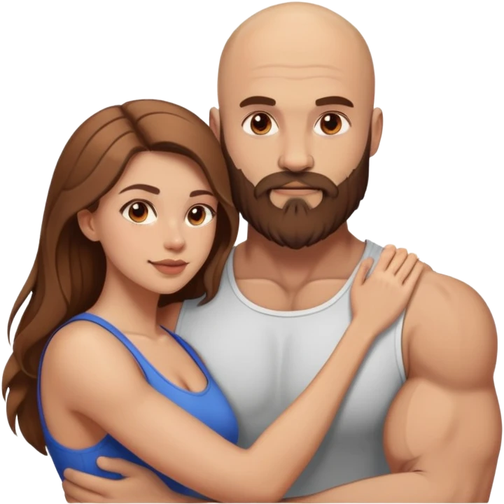 intimate moment between lovers muscular bald man brown beard, beautiful long hair woman emoji