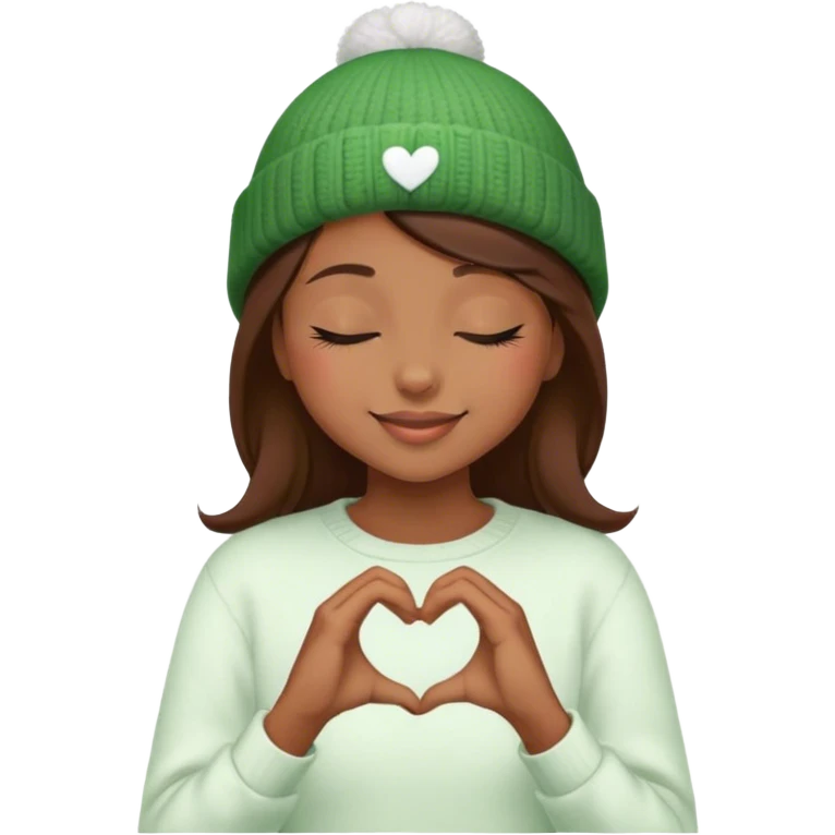hugging face peaceful brown hair girl closed eyes stylish in a green beanie hat in white sweater smiling making heart from her hands  emoji
