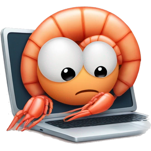 cartoon cute shrimp is tired sitting at the computer emoji