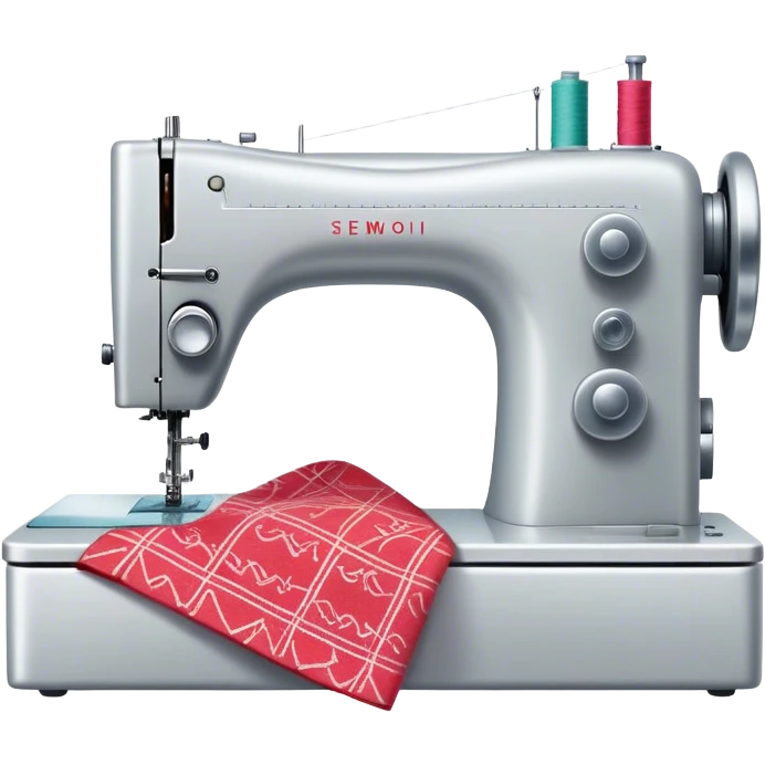 Create an icon that represents the hobby of sewing clothing using patterns and templates. The design should feature a sewing machine, fabric, sewing patterns, and templates. Include visible markings on the fabric that align with the patterns, showcasing the process of cutting and sewing. A piece of clothing in progress, such as a dress or shirt, should be visible, reflecting the creative and detailed nature of garment making. The composition should be well-balanced, with a clean and harmonious design. The background should be transparent. emoji