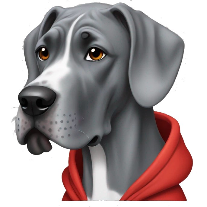 Grey Great Dane wearing a red hoodie emoji
