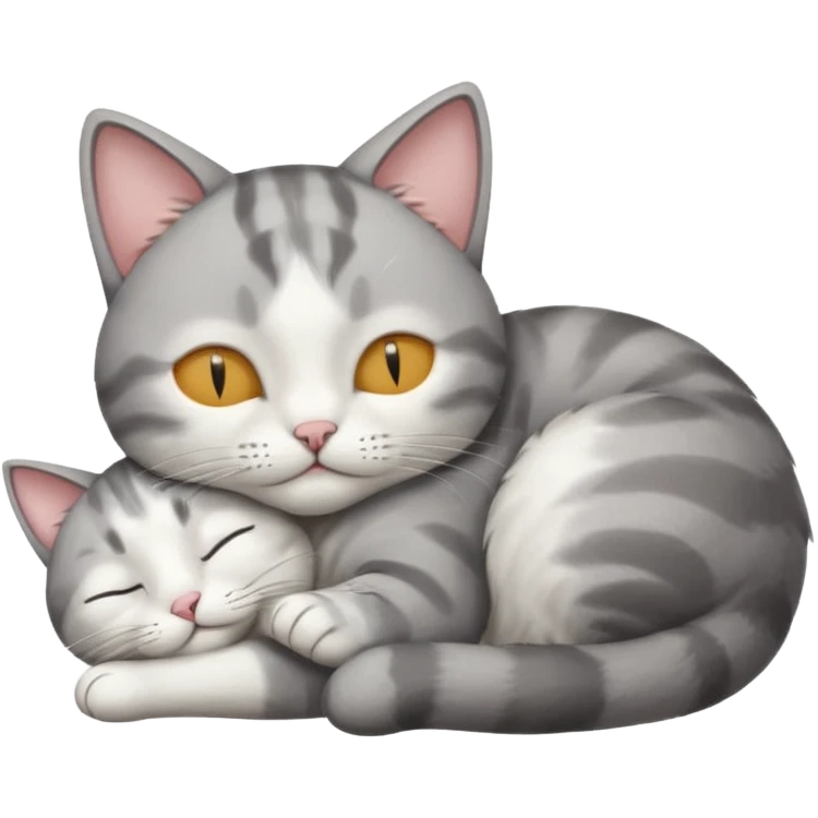 1 grey and white small cat with his eyes closed lying down leaning on his elbow with his paw curled under his head holding it up emoji