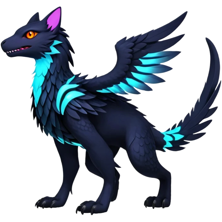 Black Dark Exotic Colorful Beaked Feathery Nocturnal Neon-glowing Abyssal Nightly Abyss-Cat-Gryphon-Salandit-Nargacuga-Silvally-Vernid-Sergal-Fakémon-Hybrid-Creature (full body) emoji