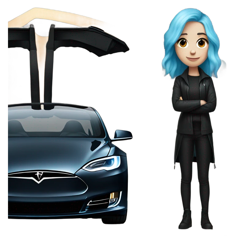 white skin girl with blue hair in black clothes standing next to tesla car emoji