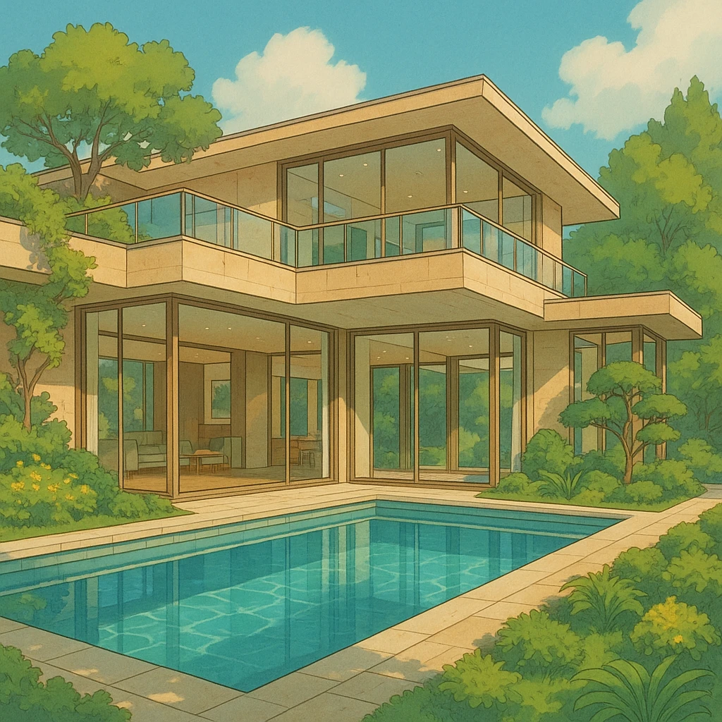 stunning luxury home with large windows and an indoor pool, elegant modern architecture, lush landscaping, ghibli style emoji