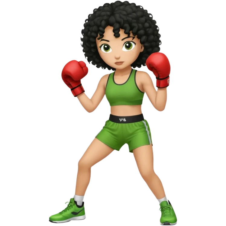 a girl with black curly hair and olive skin in a green workout outfit, boxing emoji