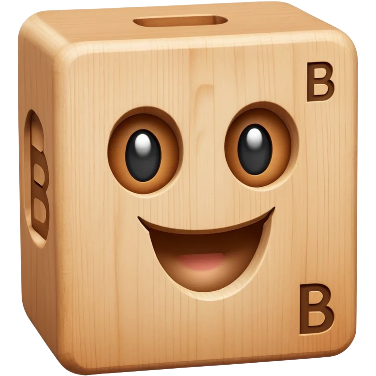 A wooden letter B block toy with adorable eyes and a happy expression emoji